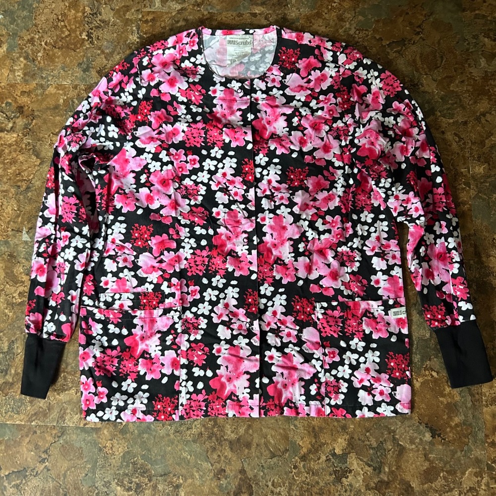 UA Scrubs Scrub Top Womens Size Small Pink Floral Long Sleeve Jacket Work Shirt